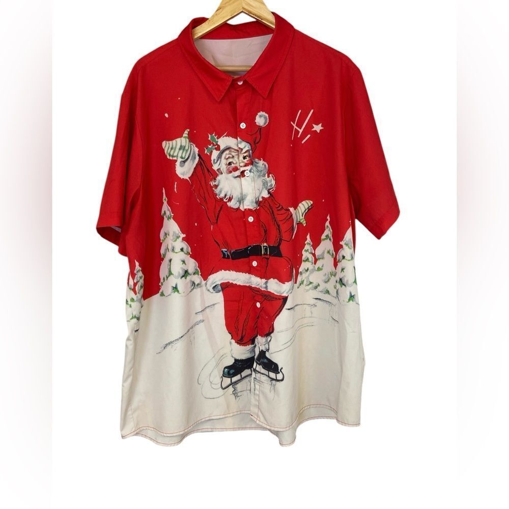 Men’s Ice-skating Santa Claus Button Up Shirt Short Sleeve Size 2XL Christmas